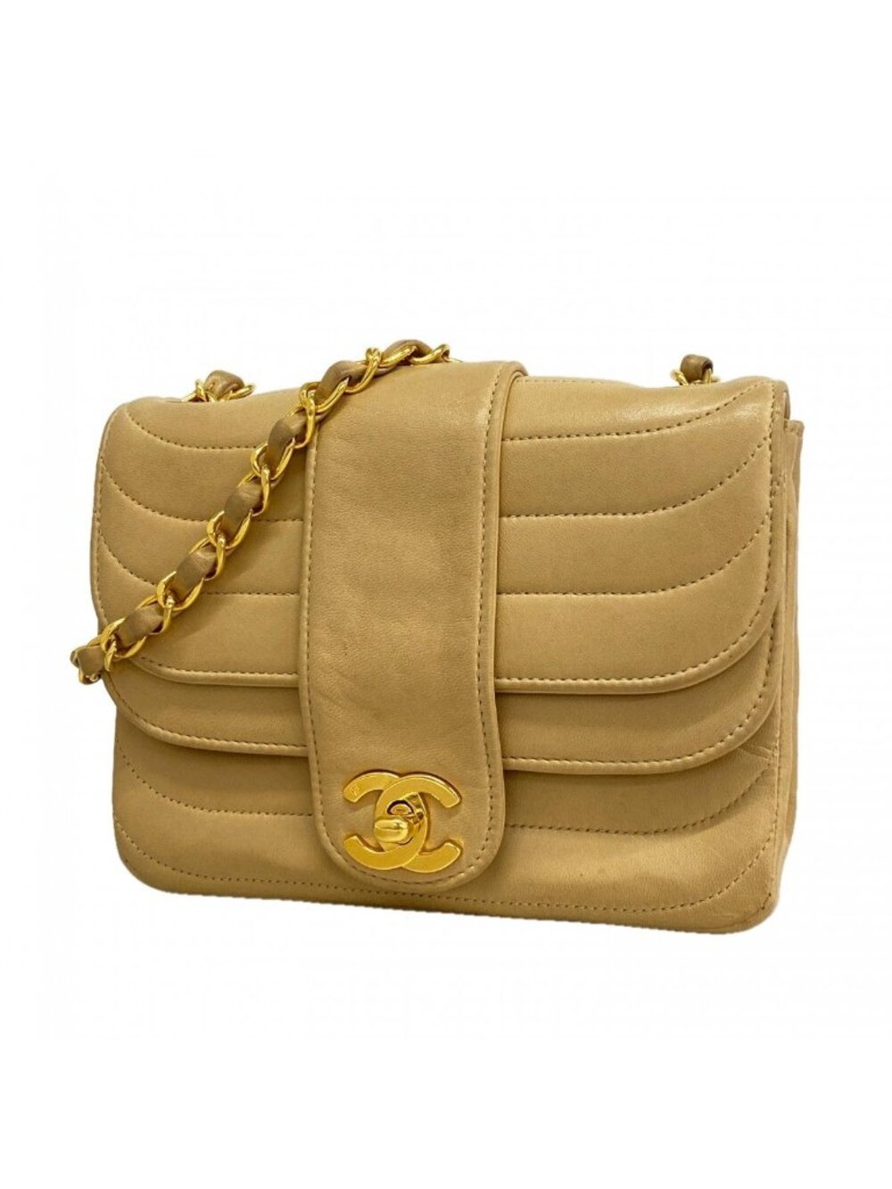 Chanel Shoulder Bag Lambskin Beige Gold